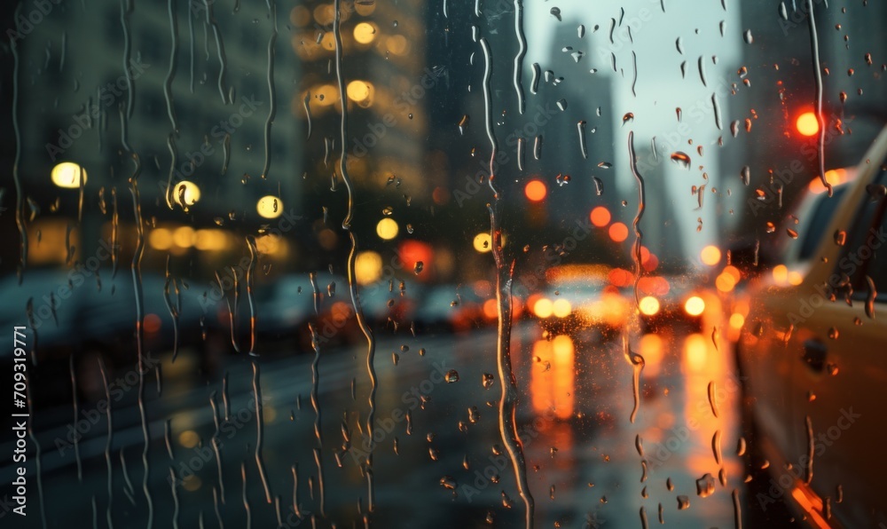 blurred background of the evening road through wet glass with drops