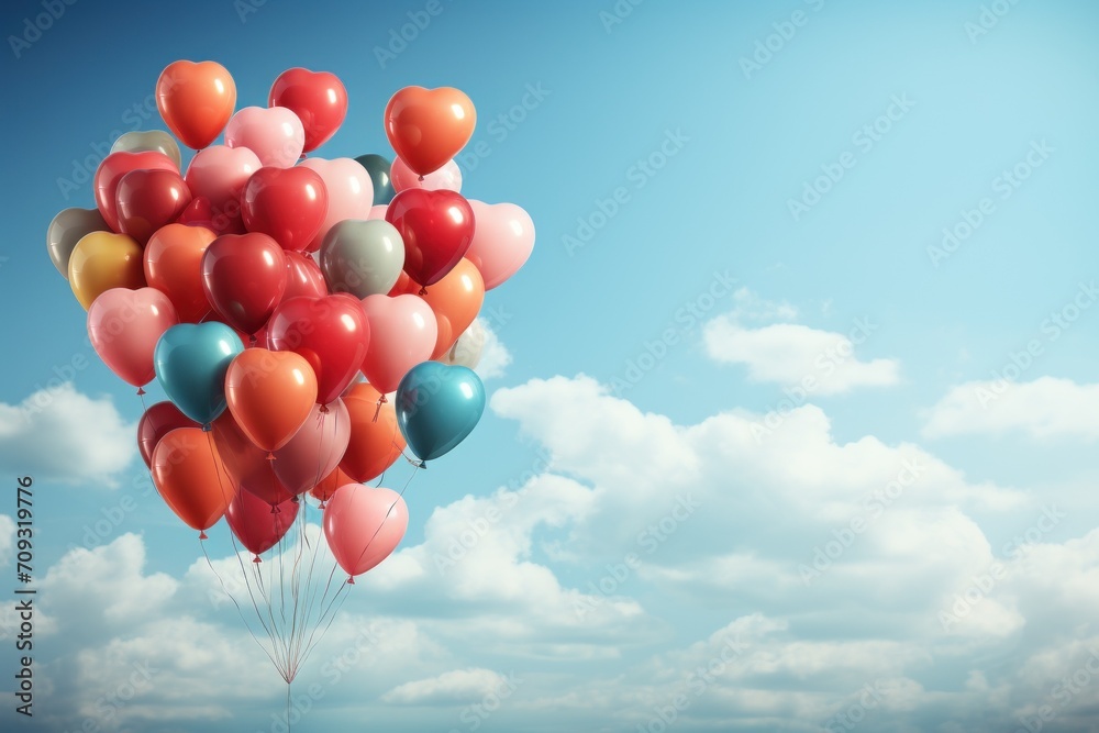 a bundle of air balloons of red and blue, pink and orange colors in the shape of hearts on the background of a blue cloudy sky