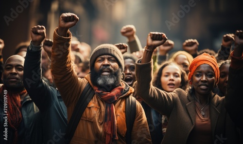 group of people of different nationalities and races at a rally, fist up