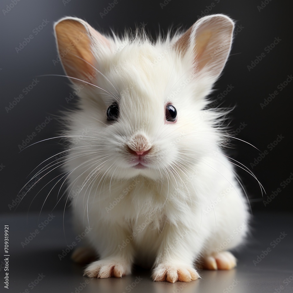 cute white rabbit on a dark background, studio photo