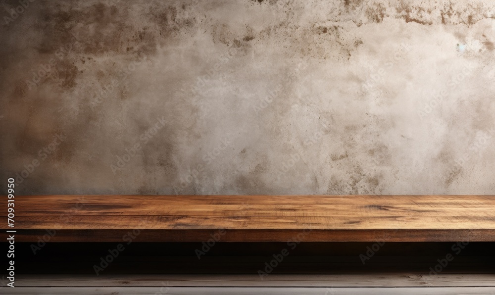 Wooden table and concrete sunlit wall, product mockup template