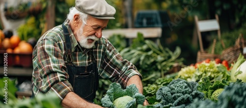 Elderly farmer supplying eco-friendly vegetables to conscientious retailer. photo