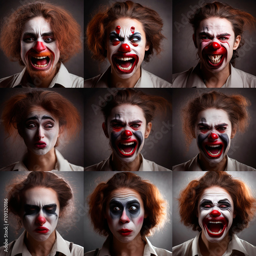 Clown, collage of clown portraits with different emotions, horror, nightmare