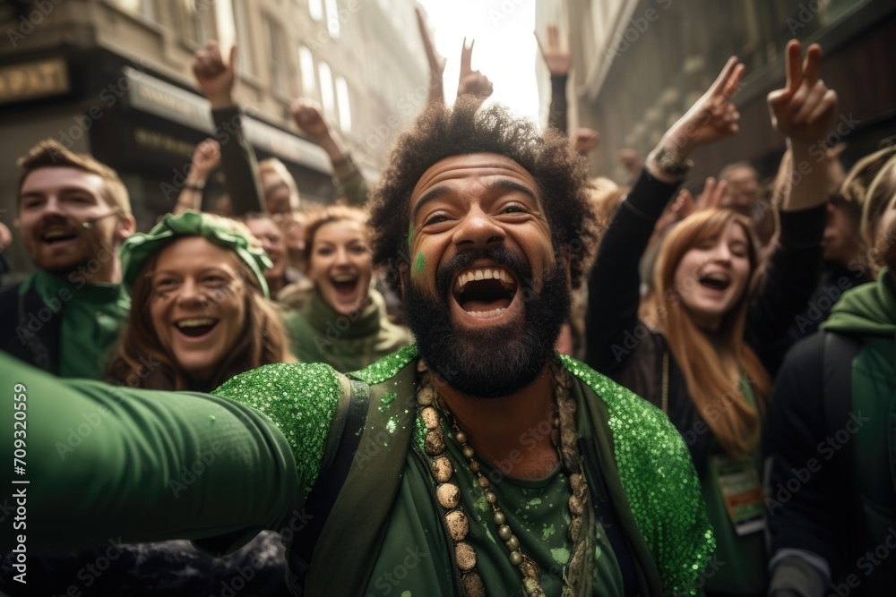 Happy people in St Patrick's Day outfits with beer taking selfie outdoors Happy people in St Patrick's Day outfits with beer taking selfie outdoors