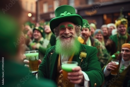 Happy people in St Patrick's Day outfits with beer taking selfie outdoors