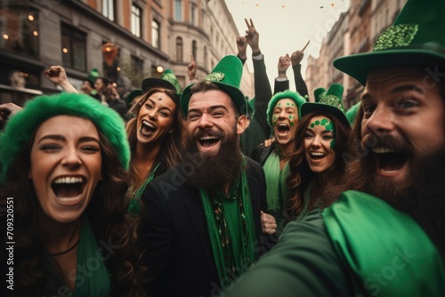 Happy people in St Patrick's Day outfits with beer taking selfie outdoors