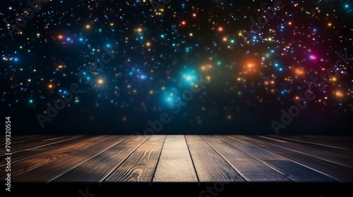 An empty wooden table against the background of space with shining stars. Product demonstration template, mockup for design