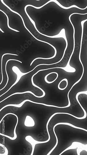 Abstract moving white glowing lines on a Black background seamless looped animation. Abstract moving topographic map lines. Moving waving lines on black background.
