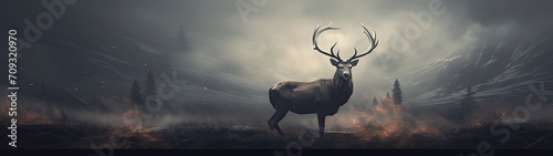Stag Standing Resolute in a Forest Engulfed by Mist and Embers © Priessnitz Studio