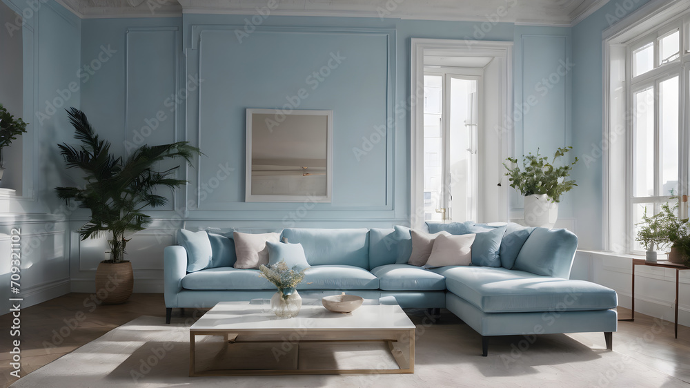 A pastel blue living room