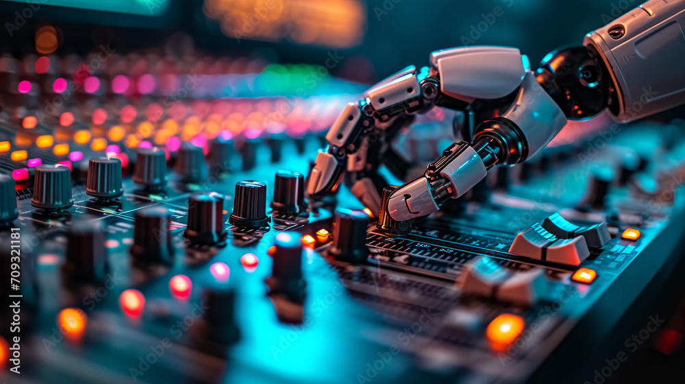 Robot disc jockey hand at dj mixer, close up view in nightclub. - obrazy, fototapety, plakaty 