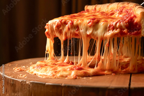 Illustration of the moment of picking up a cut-up cheese pizza. Delicious-looking pizza with strings of melted cheese. Crispy baked and cut pizza. photo