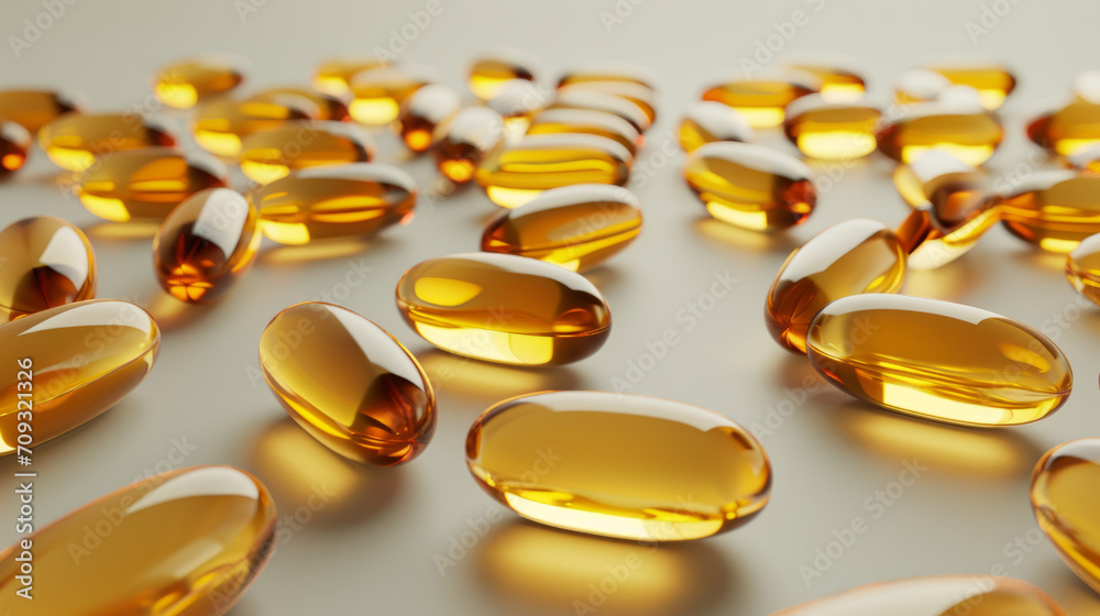 Omega-3 capsules on white background. Fish oil in pills. - obrazy, fototapety, plakaty 