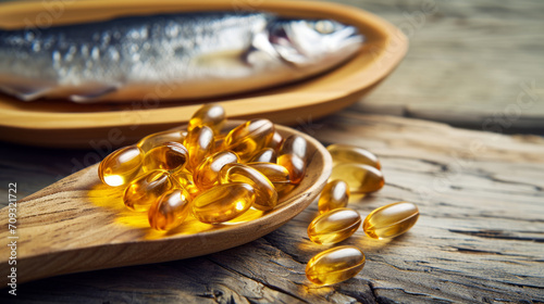 Fish oil capsules in spoon. Yellow omega 3 pills in a wooden spoon on the wooden table. photo