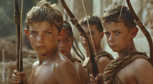 Children of Sparta, Spartan children learning to fight and practise and obeying orders. 