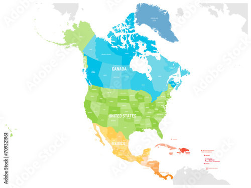 Political map of North American countries Canada, United States of America, Mexico with administrative divisions. Central American Countries and Caribbean Region. Colorful blank map. Vector photo