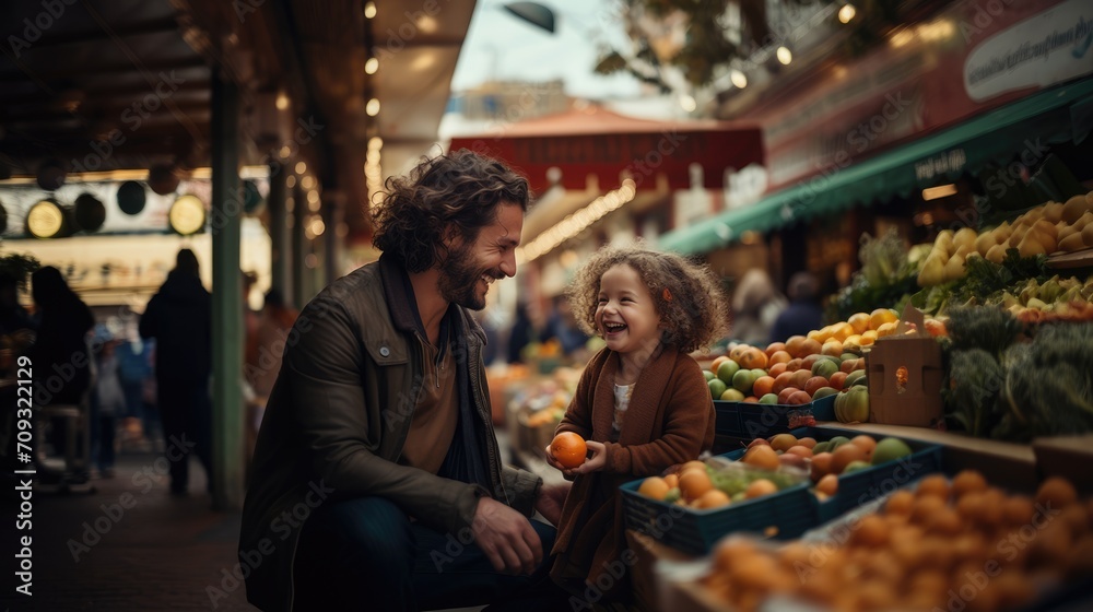 Dad with daughter choosing fruits and vegetables on city market
