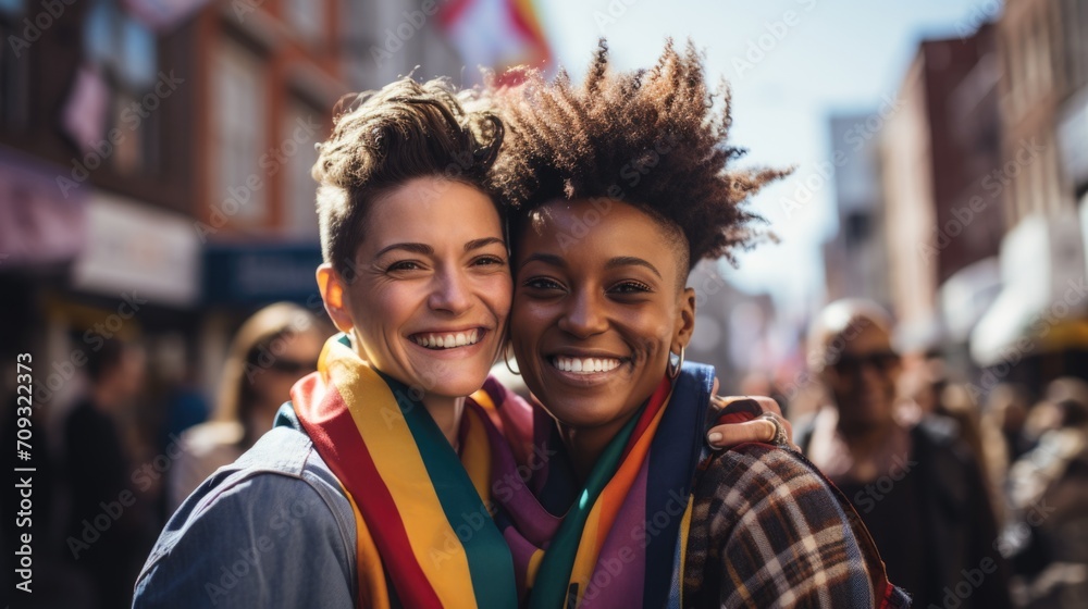 Fototapeta premium Diverse leasbian woman at pride parade walking with rainbow flags, celebrating LGBTQ rights