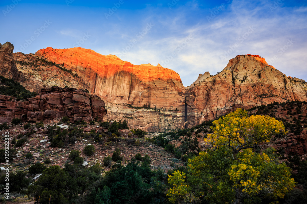 Sunrise on the West Temple and Mountains of Zion, Zion National Park, Utah