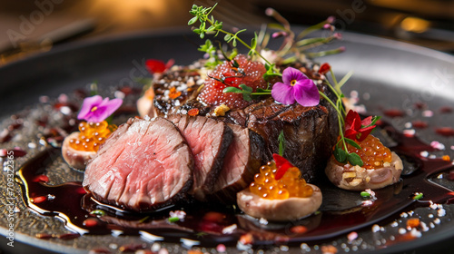 Exquisite slices of Angus beef, topped with delicate pieces of caviar, are impeccably presented on an extraordinary table.
