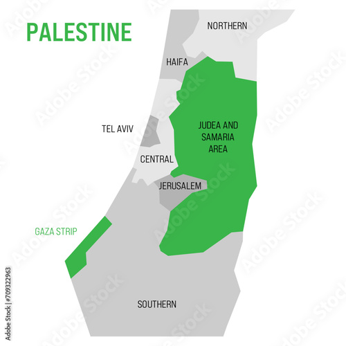 Political map of Palestine highlighted in the map of Israel. Green colored Gaza Strip and Judea and Samaria Area. Vector Illustration
