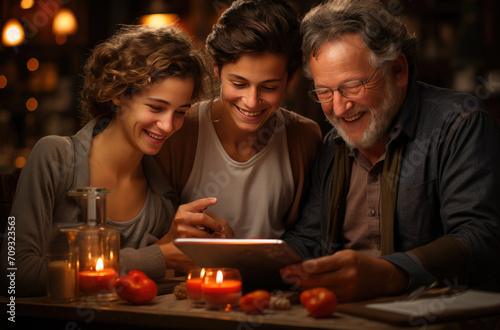Two young women, daughters and senior bearded gra-haired man, father sit at table with candles, look at tablet and smile on background of room
