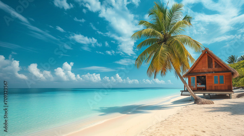 Tropical bungalow on the amazing beach with a palm tree. © esvetleishaya
