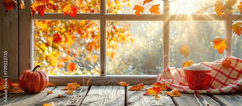 Autumn window and table background.