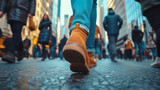 Low angle shot of people's legs walking on a busy city street.