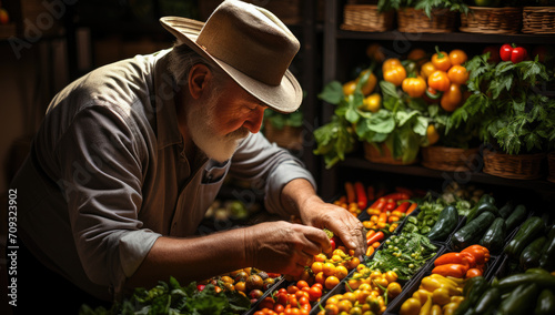 Senior man, grayhaired and bearded grandfather in hat, old farmer process the harvest of fruits, coffee beams over dark background