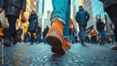 Low angle shot of people's legs walking on a busy city street.