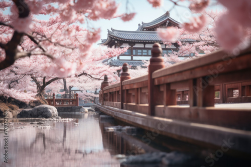 Cherry blossoms frame a tranquil Japanese temple and bridge, reflecting the serene beauty of Hanami, a time-honored celebration of spring