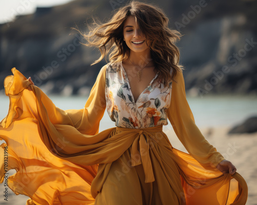 Young happy smiling curly woman in summer clothes, wide light maxi skirt and blouse walks dances on a beach