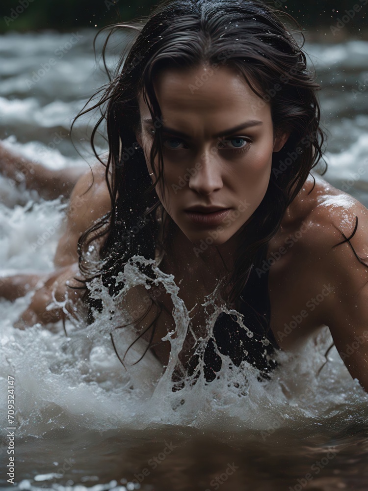 Fototapeta premium Woman in water with seductive expression. Wet hair, water splashing, river stream. Fashion style.