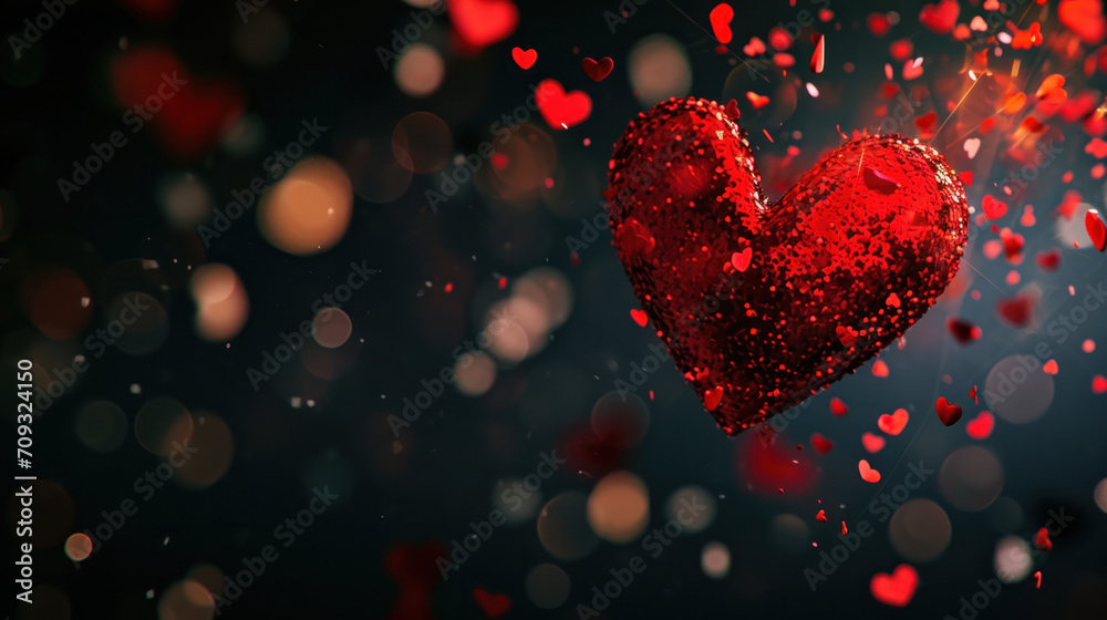 A single heart, glowing with a constellation of sparks, floats in a celestial sea of bokeh, capturing the boundless essence of love on Valentine's Day