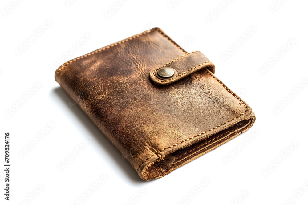 Big brown leather wallet on a button isolated on a white background. Big brown leather wallet on a button isolated on a white background.