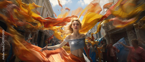 Woman Leaping Gracefully Surrounded by a Whirl of Vivid Orange Silks in a Sunlit Historic Street