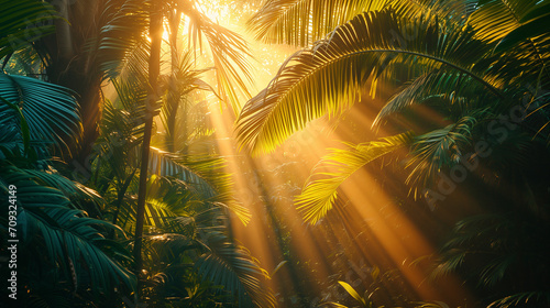 Jungle at sunrise or sunset. The sun s rays illuminate the leaves and branches of palm trees.