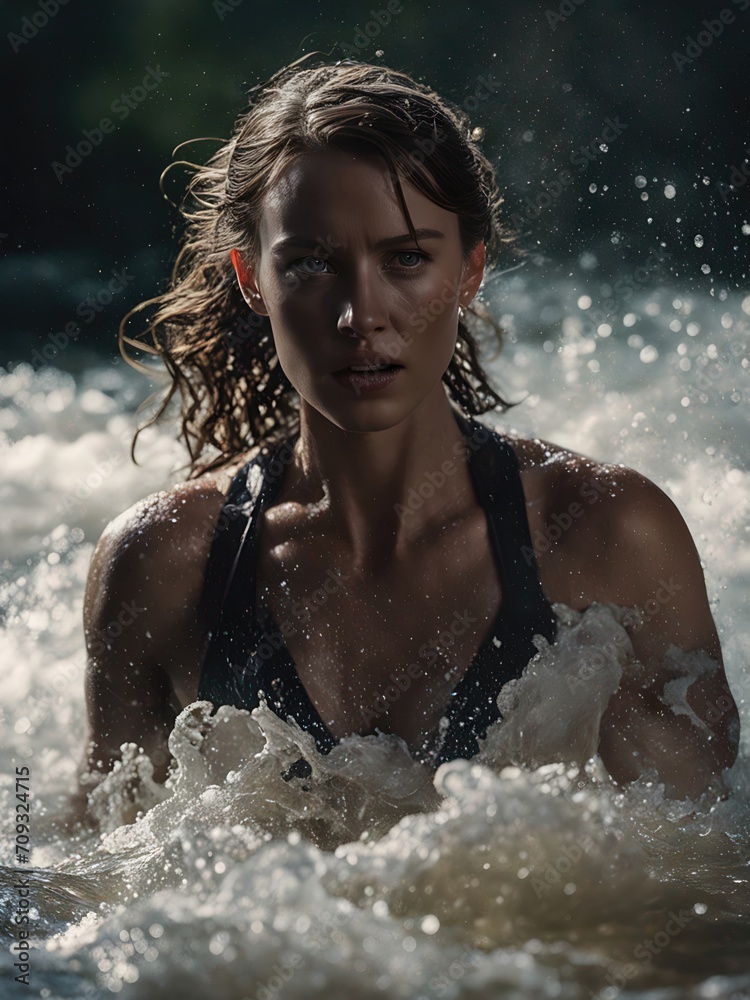 Obraz premium Athletic woman emerging from water. Adventurous expression on her face. Wet hair and splashing water.