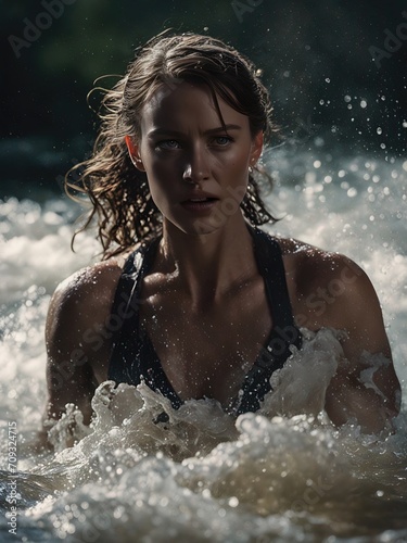 Athletic woman emerging from water. Adventurous expression on her face. Wet hair and splashing water.