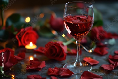 Valentine's wine, rose, and heart-themed background.