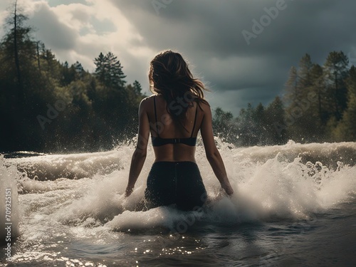 Athletic woman standing in river. Her back toward us. Raging waves splashing around her body.
