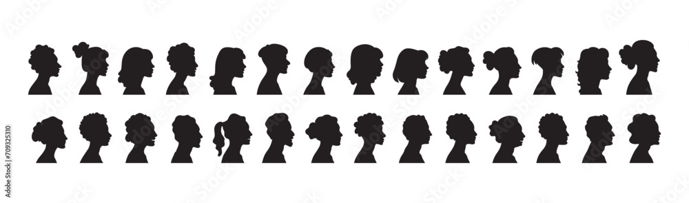 Silhouette heads.Set of profile face of different people. Man and woman heads in profile symbol.Set man and woman head icon silhouette.Anonymous faces portraits, black outline photo vector design 