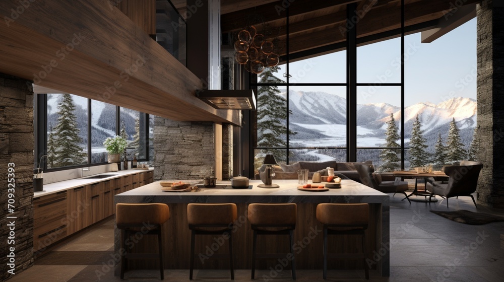 Fototapeta premium A modern mountain cabin kitchen with stone accents, reclaimed wood, and large windows framing snowy views