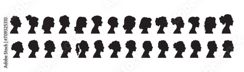 Silhouette heads.Set of profile face of different people. Man and woman heads in profile symbol.Set man and woman head icon silhouette.Anonymous faces portraits, black outline photo vector design 