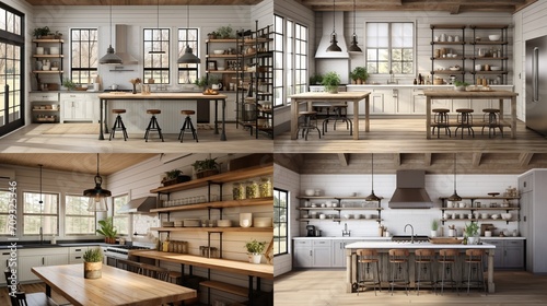 A modern farmhouse kitchen with shiplap walls, open shelving, and a mix of vintage and industrial elements