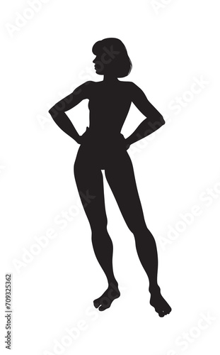 Young woman standing. Female black silhouette. Girl Portrait. Vector illustration.
