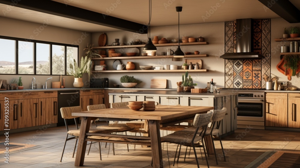 A modern Southwestern kitchen with desert-inspired colors, tribal patterns, and natural textures