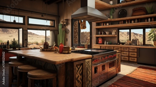A modern Southwestern kitchen with desert-inspired colors  tribal patterns  and natural textures