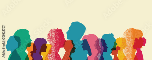 Different people stand side by side together. Group colored silhouette people from the side Men and women portraits. Community of colleagues or collaborators, inclusive education, diversity co-workers